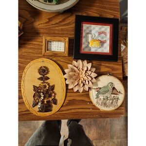 Lot Of 5 Vintage Gallery Wall‎ Art. Carved Coconut Shell Floral Art, Owl, Framed